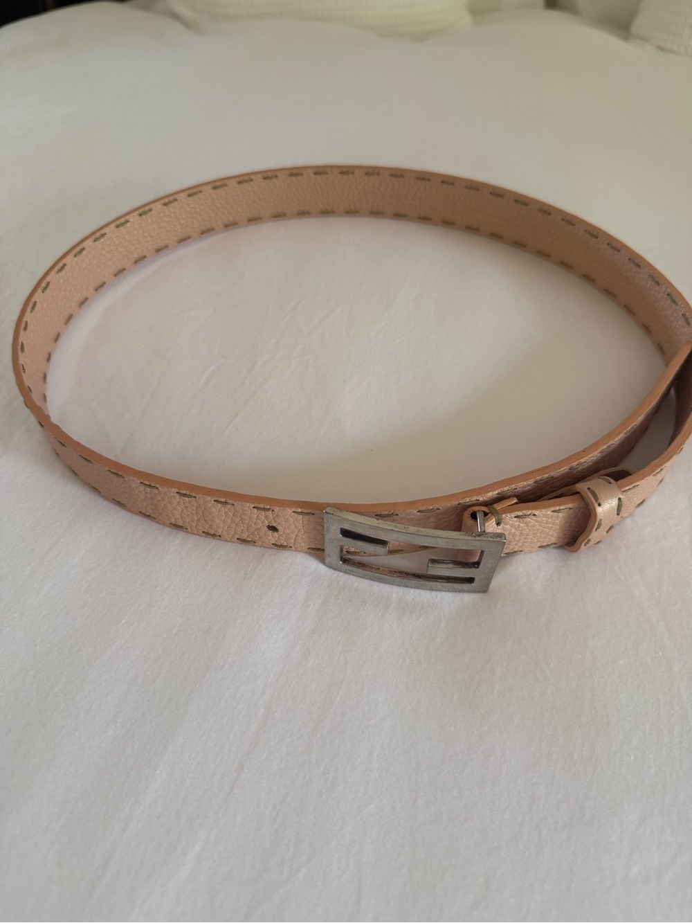 Fendi Nude/Tan Leather Belt with Sterling Silver Buckle